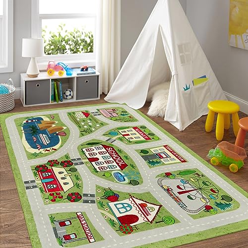 LIVEBOX Green Kids Playroom Rug, 5'x7' Washable Road Rug for Kids Room, Non-Slip Soft Car Rugs Play Mat for Baby Nursery, Large City Traffic Rugs Classroom for Boys Girls Dorm Toy Room Tent