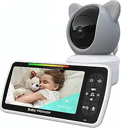 Babá Eletrônica, 5" 720P HD Bebê Câmera com Tela, Áudio Bidirecional, Night Vision, Zoom Digital, Economia de energia VOX, Canção de Ninar, Temperatura Ambiente, Monitor de Bebe para Pais Novos