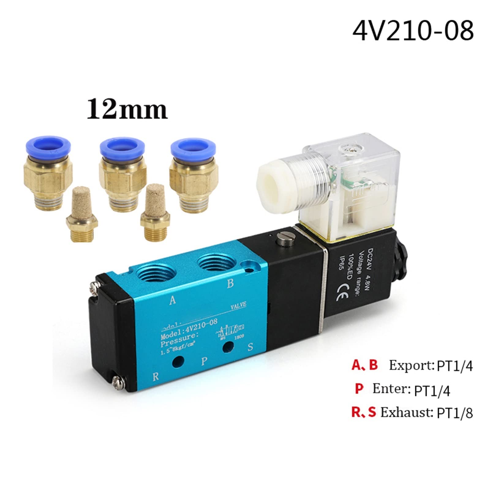Elektrozawór elektromagnetyczny 5-drożny 2 pozycje 4V210-08 1/4quot; Rozmiar portu DC12V 24 V. Zawór regulacji powietrza, części pneumatyczne AC110V 220 V, 1 szt. (With-12 mm-dopasowanie