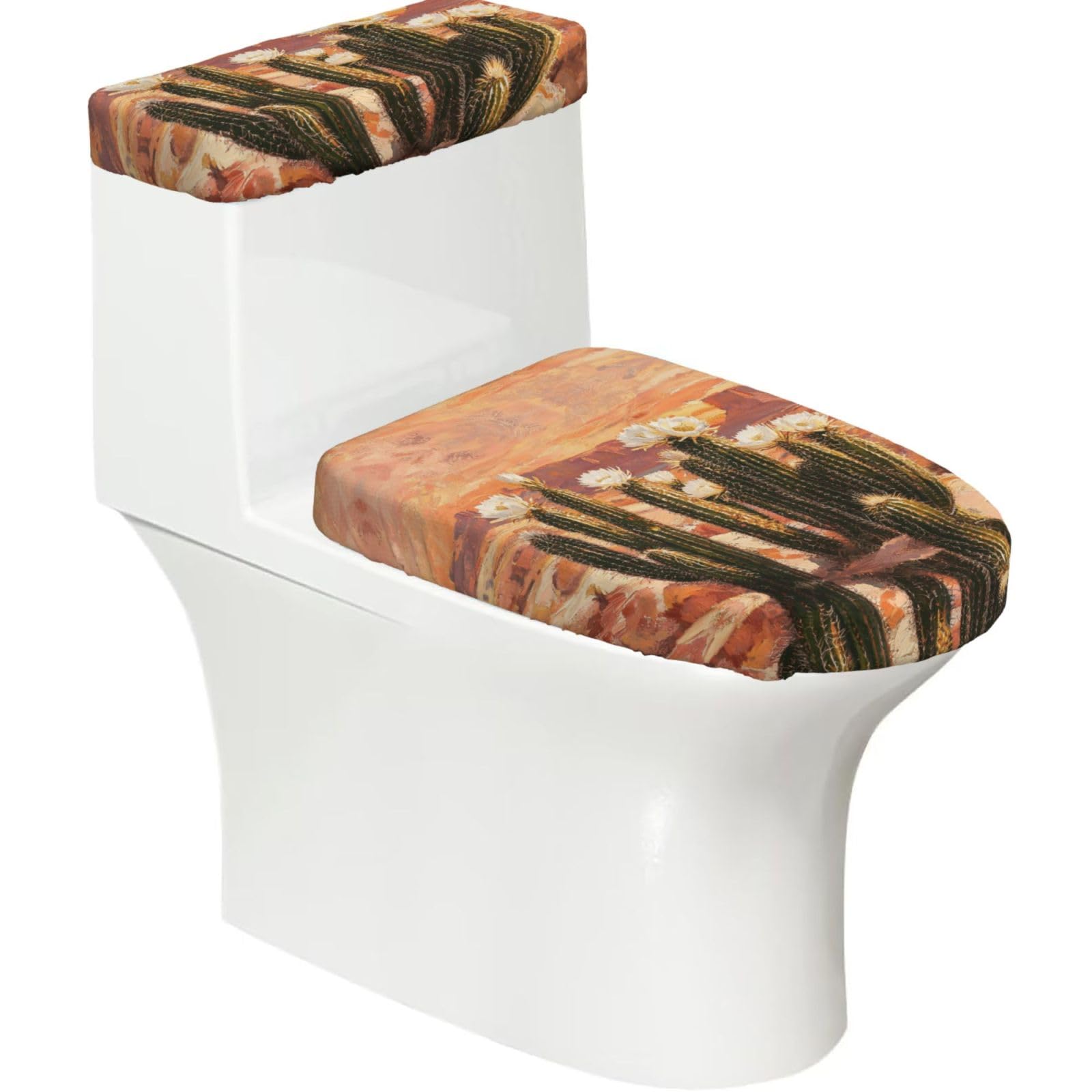 Cactus Pattern Elastic Toilet Cover Set of 2-Stretchy Lid and Tank Covers for Bathroom, Soft Washable U Shape Toilet Decor