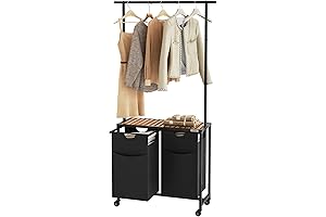 Laundry Cart with Wheels and Hanging Bar - Laundry Sorter, Laundry Hamper with Hanging Rack