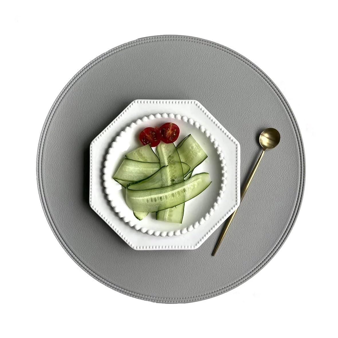 4 pcs Imitation Leather Placemat Coaster Pads PVC Round Plate Mat Edge Pressing Table Placemats for Kitchen Dining Table Decoration(Gray)