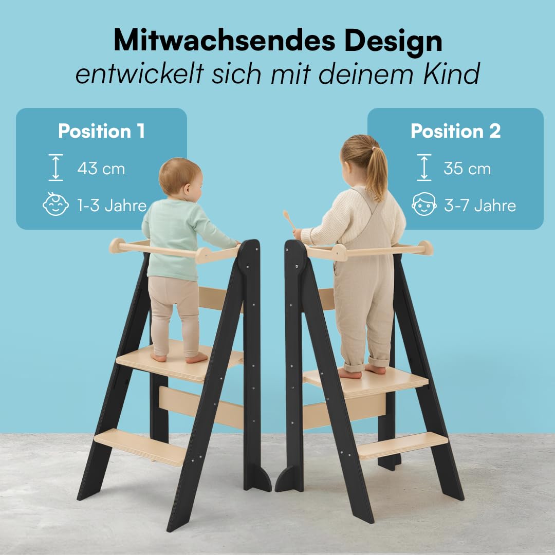Bellabino Tay Lernturm ab 1 Jahr – Learning Tower 2-Fach höhenverstellbar & klappbar – Lernstuhl in Grau/Natur für Kinder – Montessori Stehturm aus Birkenholz – sicherer Tritthocker mit Kippschutz