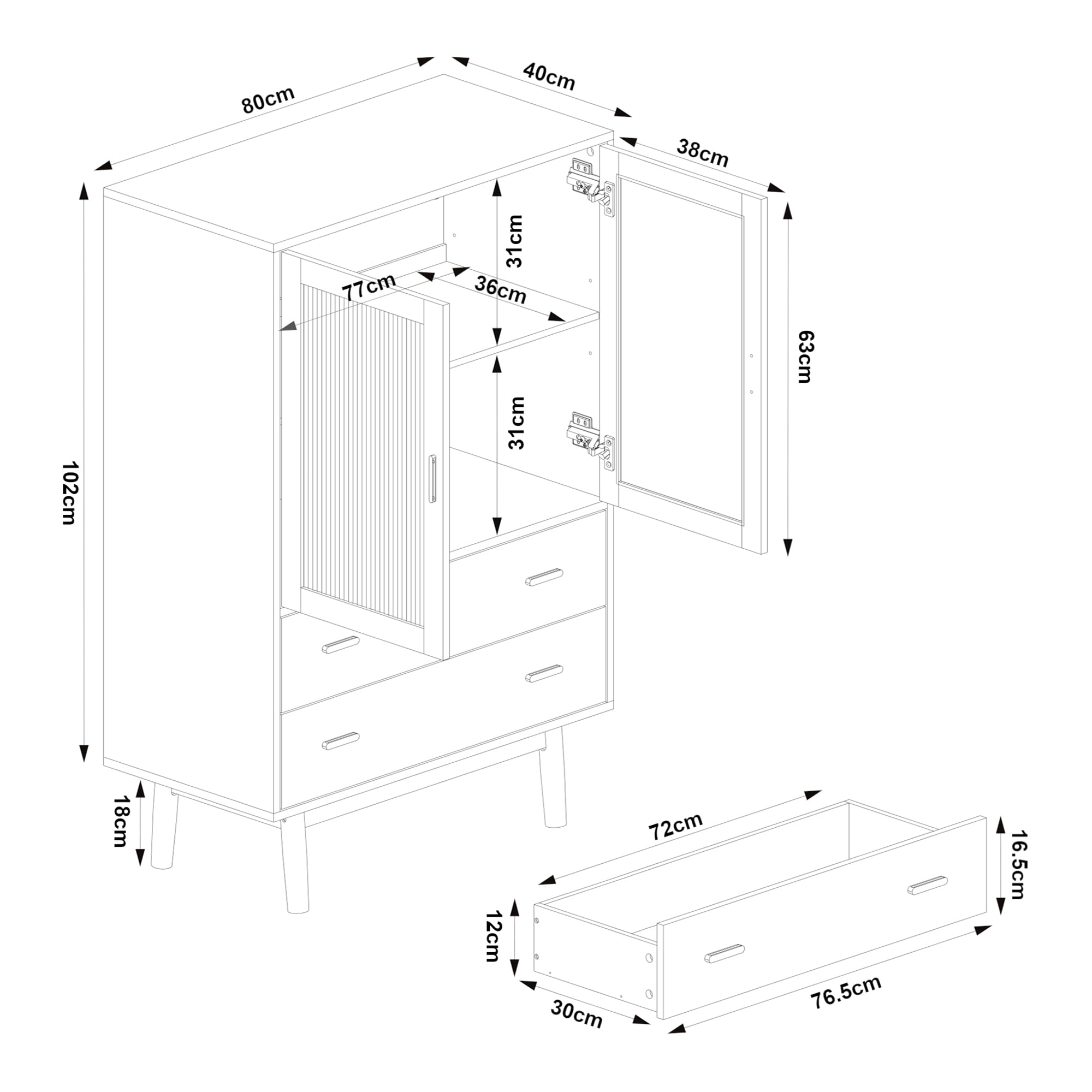 [en.casa] Credenza con Vetrina Armadietto con Ante in Vetro Scanalato e 2 Cassetti Madia per Cucina Soggiorno Sala Pranzo 120x80x40 cm Beige
