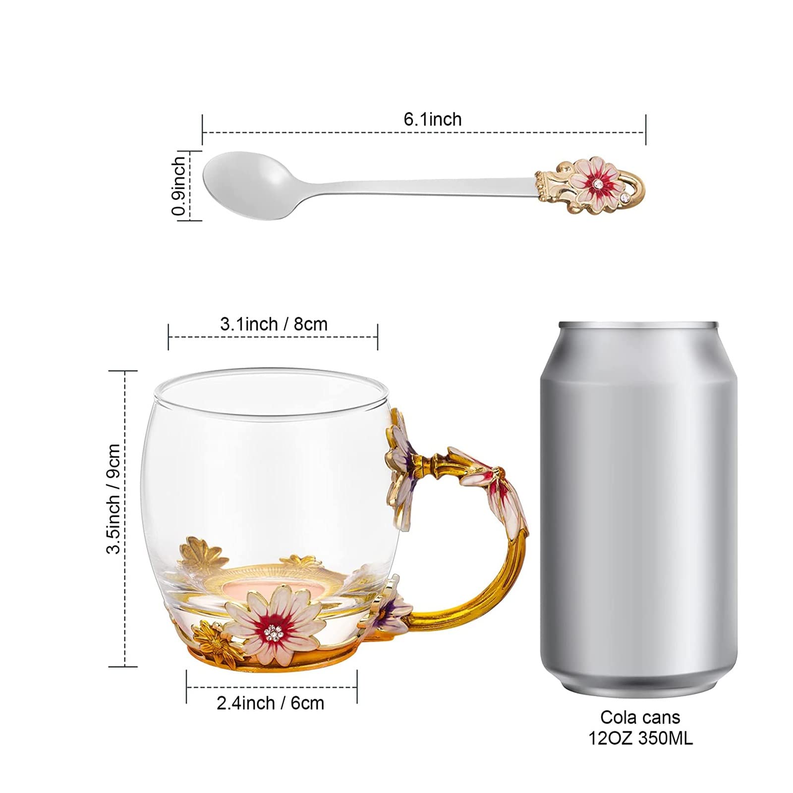 Emails Chrysantheme Glastasse, klare bleifreie Glas Kaffeebecher Teetasse mit Deckel Untersetzer und Stahl Löffel Set, für Weihnachten Geburtstag Emaille Blume Glasbecher(Green)