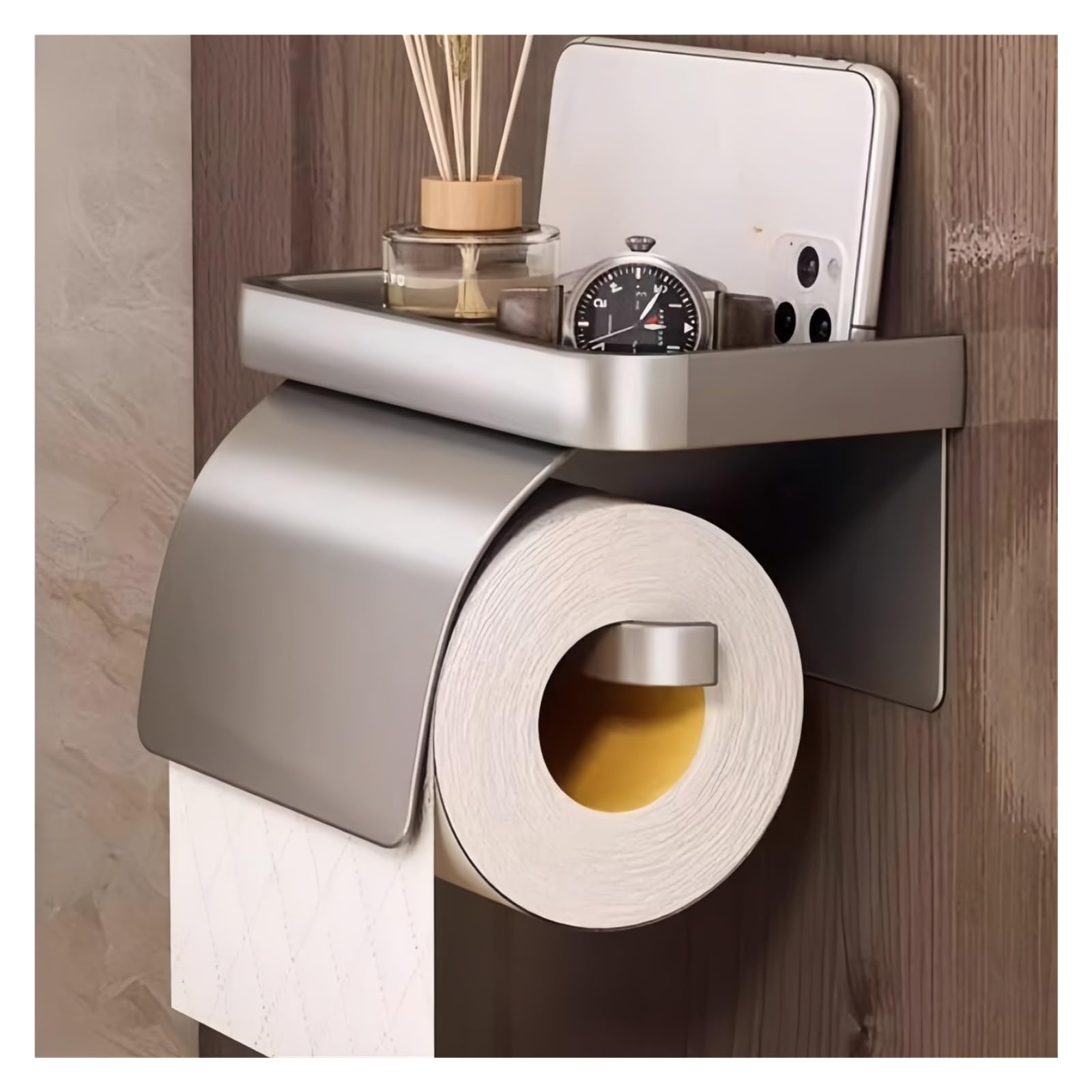Porta Rotolo Di Carta Igienica Autoadesivo, Da Parete O Adesivo Con Ripiano, Fazzoletti Facilità Di Installazione(Gray)