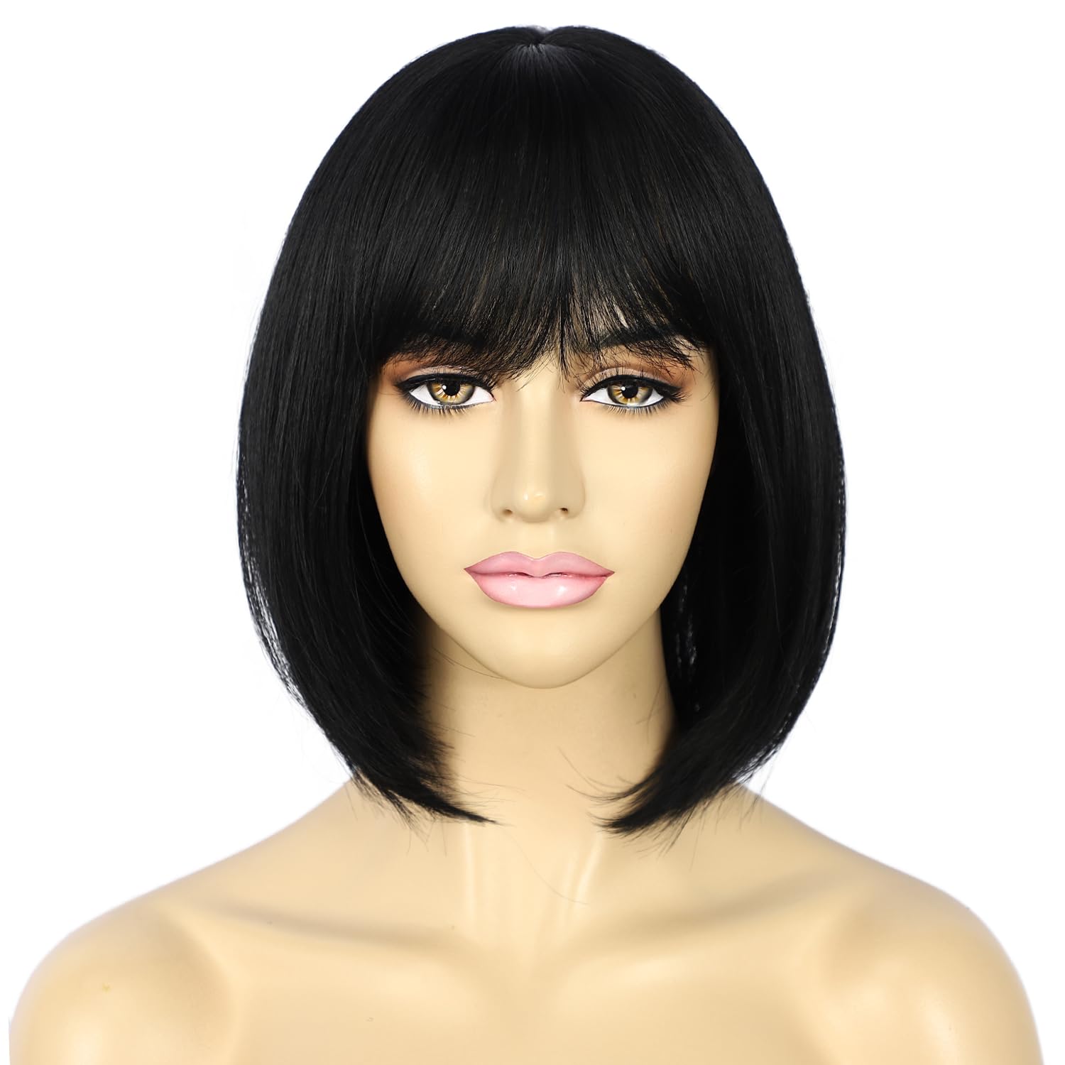 Sapphirewigs Czarne peruki bob dla kobiet z grzywką, krótka, naturalnie wyglądająca, 30 cm