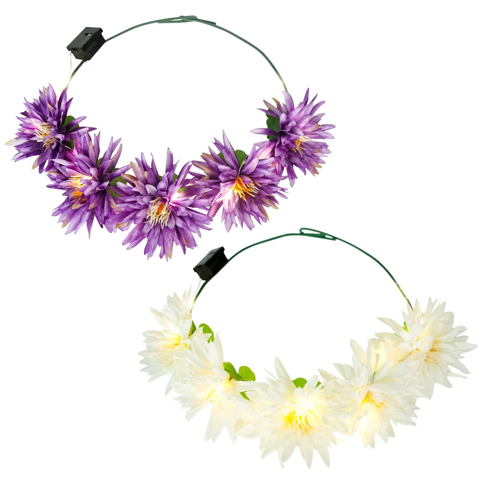 NALACAL LED Flower Crown, Handmade Light Up Wreath Headdress for Party Fairy Costume Festival, Adjustable for Most Adults and Kids, Wedding Garland, Birthday Party, Friends Bachelorette Party(2Pcs)