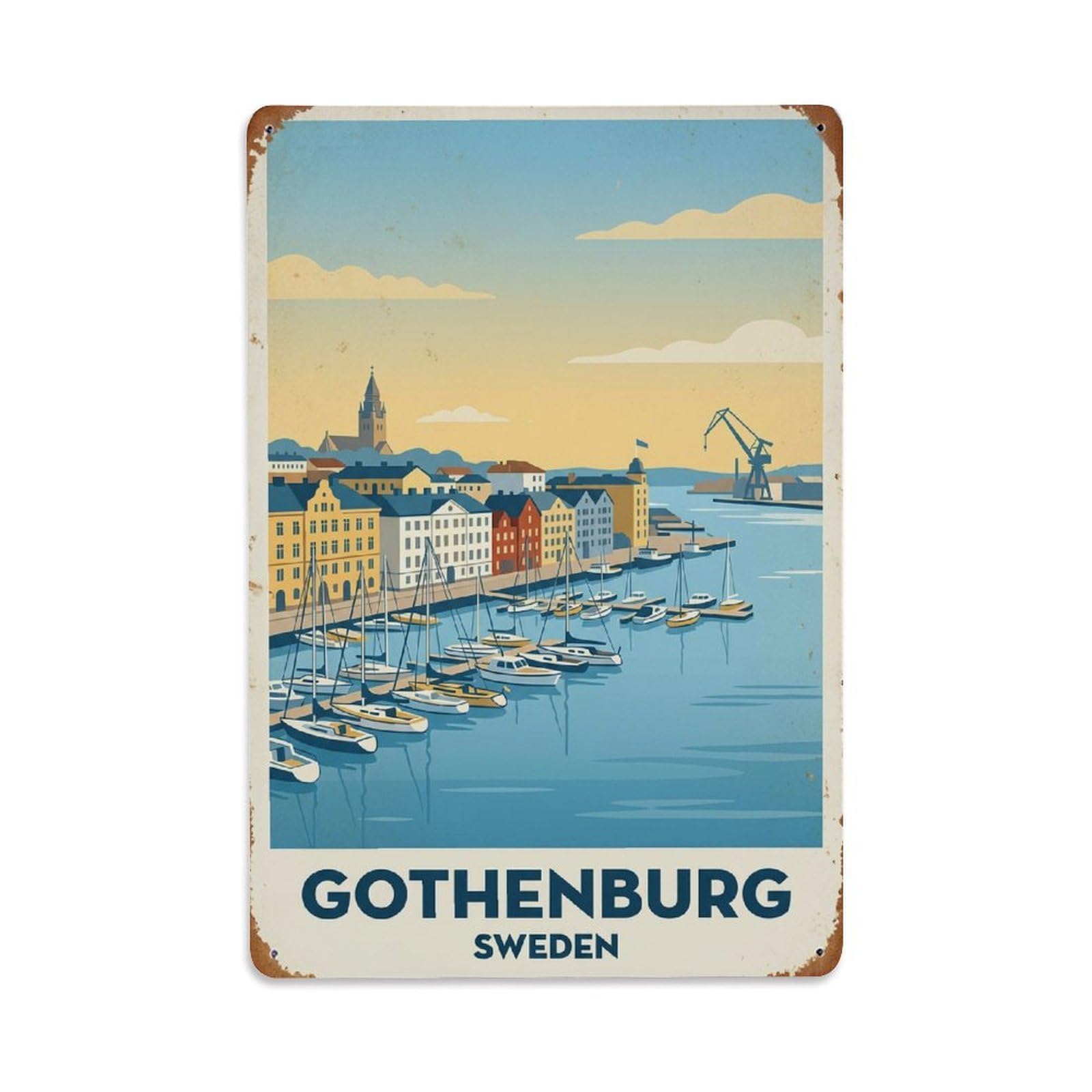 Vintage Travel Gothenburg Sweden Waterfront Metal Tin Sign