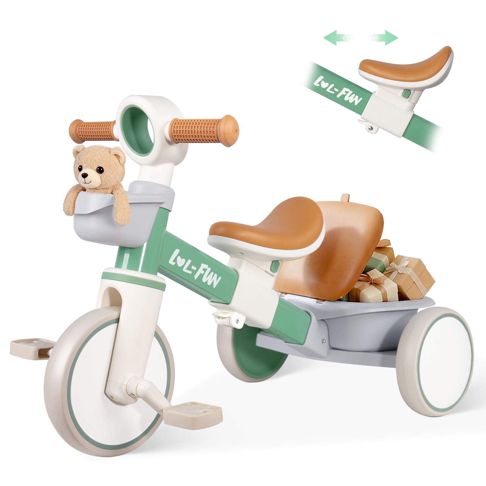 LOL-FUN Kids Tricycle for 1-3 Year Olds, Adjustable Baby Trike for Boys Girls Toys Gift Age 2-4, Toddler Bike with Storage Baskets & Removable Pedals (Mint)