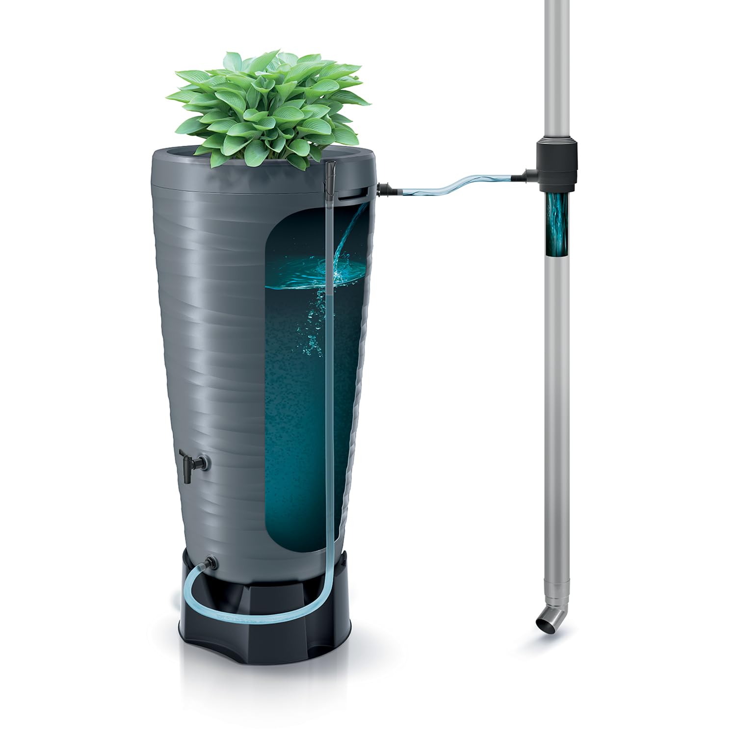 Serbatoio per Acqua Piovana Maze 240L | Ø59,3x114 cm | 2 Punti di Attacco | Incluso Inserto per Fiori Rubinetto e Sistema di Raccolta Acqua | Cisterna da Giardino | Colore Grigio Design Moderno