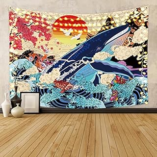 OFILA Tapestry Great Wave Japanese Wall Tapestry The Great Wave Of Kanagawa Wall Hanging Big Whale Koi Fish Tapestry Aesthetic Bedroom Livingroom 180x120cm