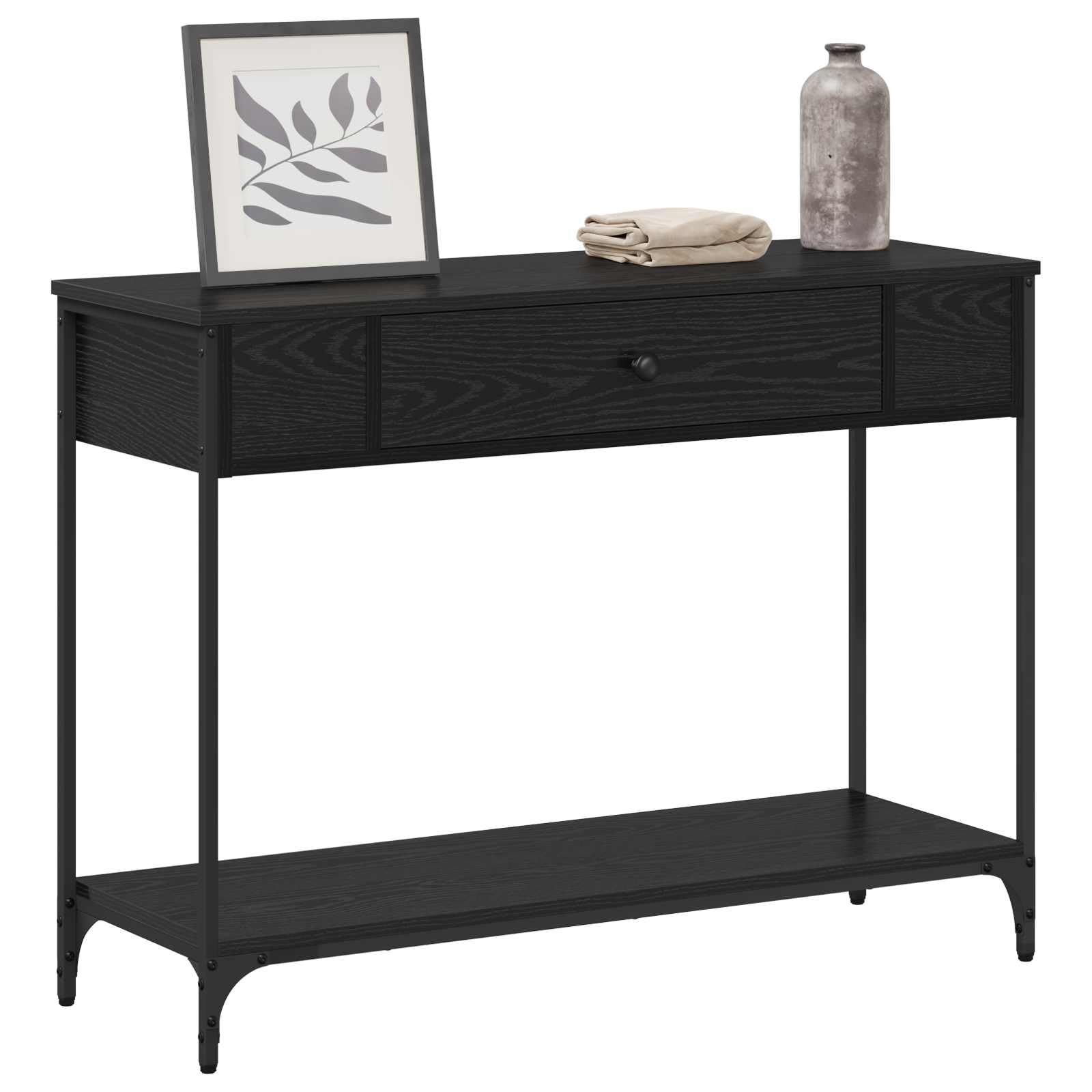 Stolik konsolowy, czarny, imitacja dębu, 100 x 34,5 x 75 cm, materiał drewnopochodny z szufladą i regałem, stabilny stolik pomocniczy do salonu, korytarza, sypialni