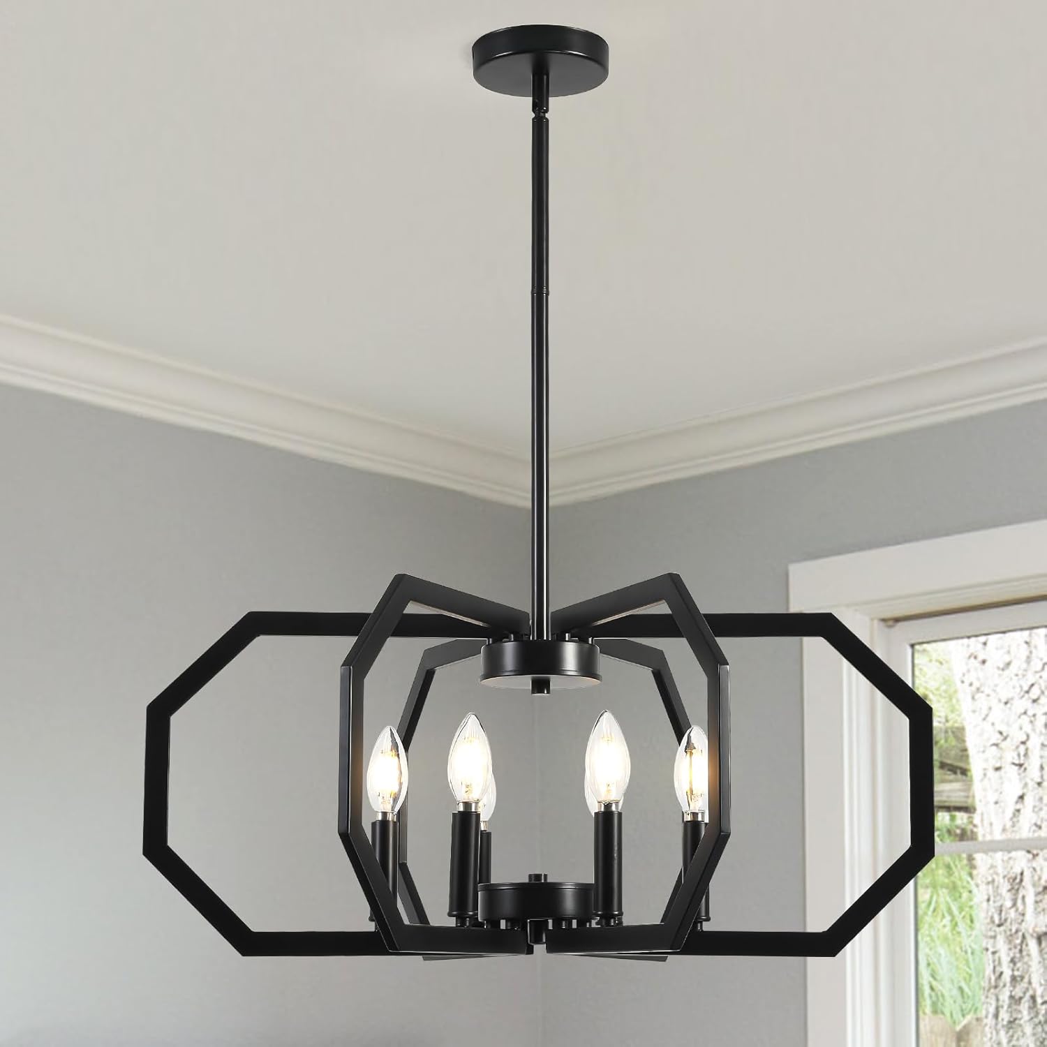 6-Light Black Chandelier, Modern Dining Room Light Fixture, Geometric Pendant Lights, Kitchen Island Metal Farmhouse Light Fixtures for Dining Room Entryway Foyer Hallway Living Room Kitchen
