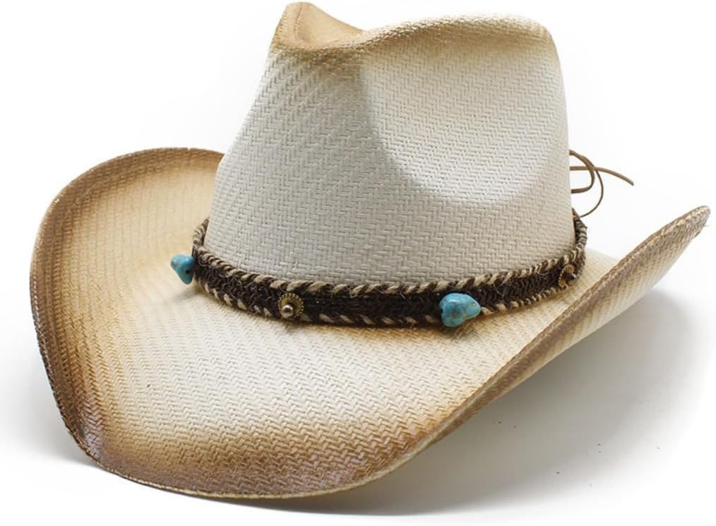 Western Cowboy Hat, Straw Woven, Gray with Brown Leather Band, Decorative Floral Accent