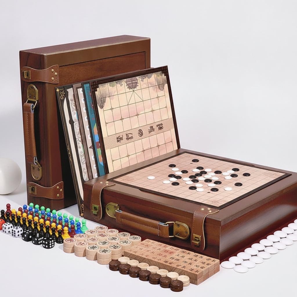 Brettspiele Klassiker Sammlung, Schachspiel Holzmaterial Faltbar, Gesellschaftsspiele ab 4 Jahren, Spielesammlung für Kinder