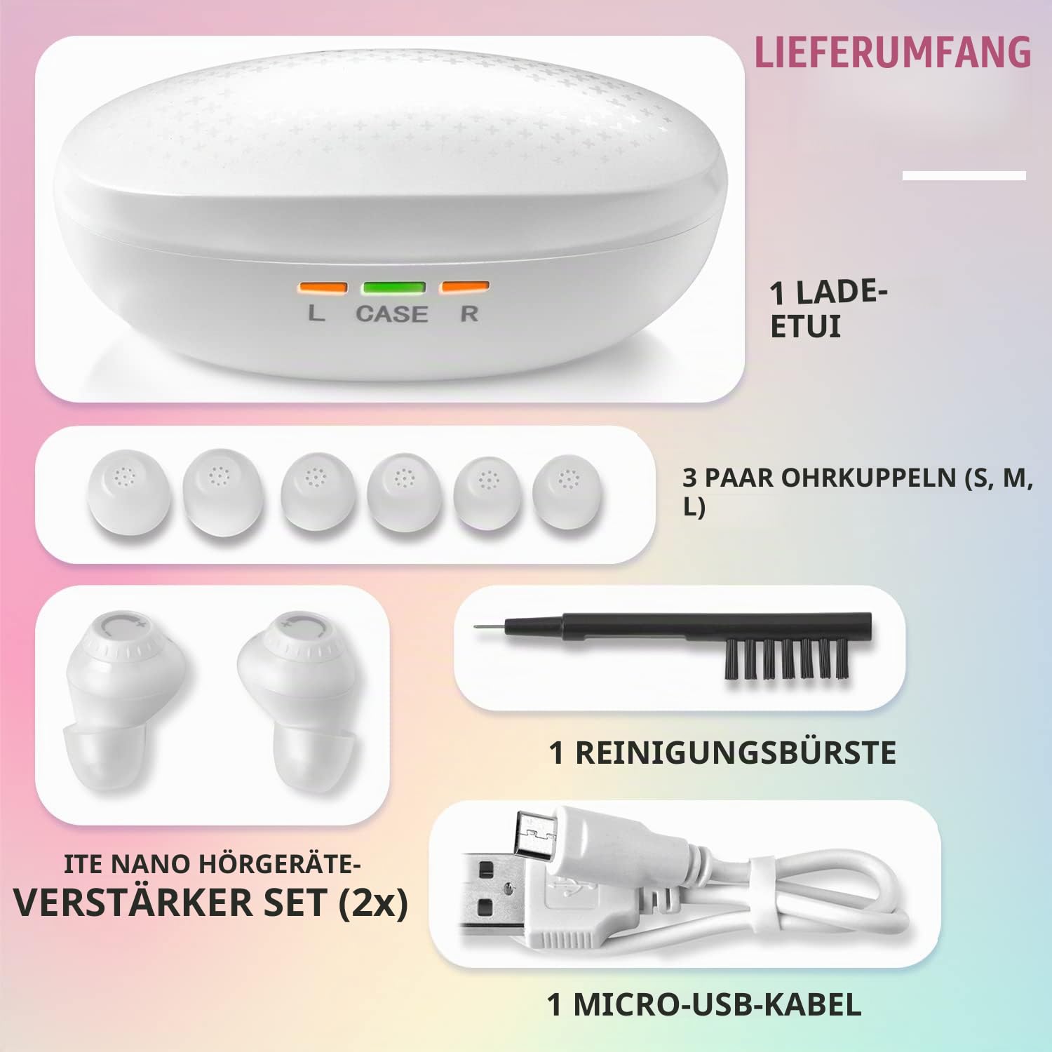 Mini Digital – ITE wiederaufladbar – leichtes Gerät mit Geräuschunterdrückung, In-Ear-Erkennung und Lautstärkeregler für Erwachsene und Senioren, Weiß