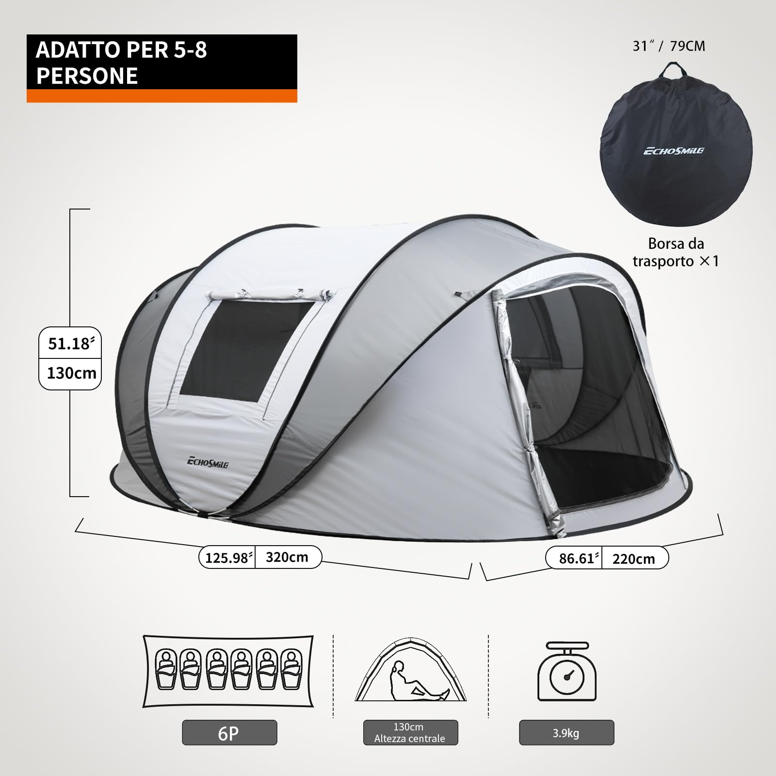 EchoSmile Tenda da Campeggio Istantanea Pop Up 5-8 Posti, Tenda Familiare Ultraleggera Portatile, Antivento e Impermeabile per Picnic, Trekking e Attività All'aperto, Bianco Grigio