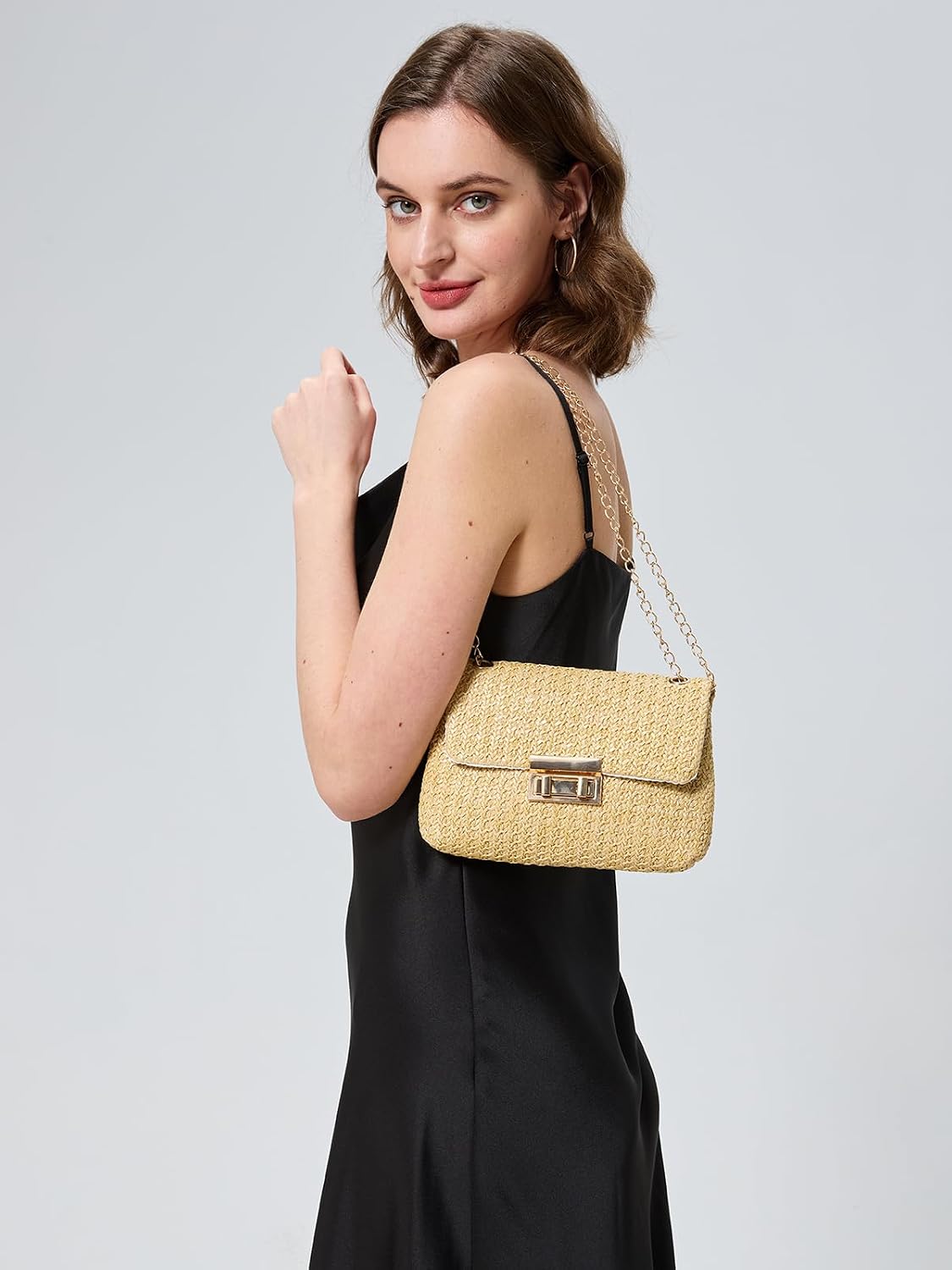 Woven Straw Purse Summer Clutch, Gold Chain, Flap with Turn-Lock Closure