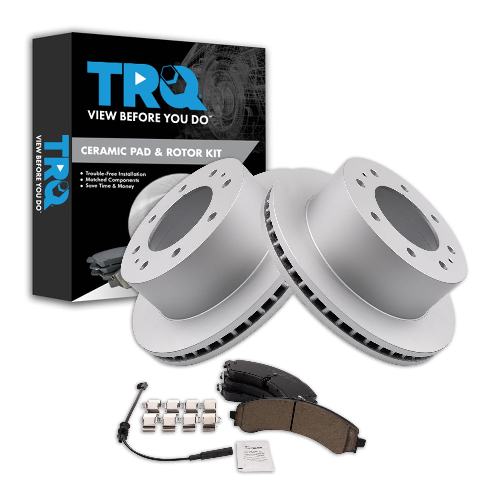 TRQ Rear Brake Pad &amp; Rotor Kit Ceramic Premium G-Coated Compatible with 2020-2022 Chevrolet Silverado 2500 HD Silverado 3500 HD GMC Sierra 2500 HD Sierra 3500 HD