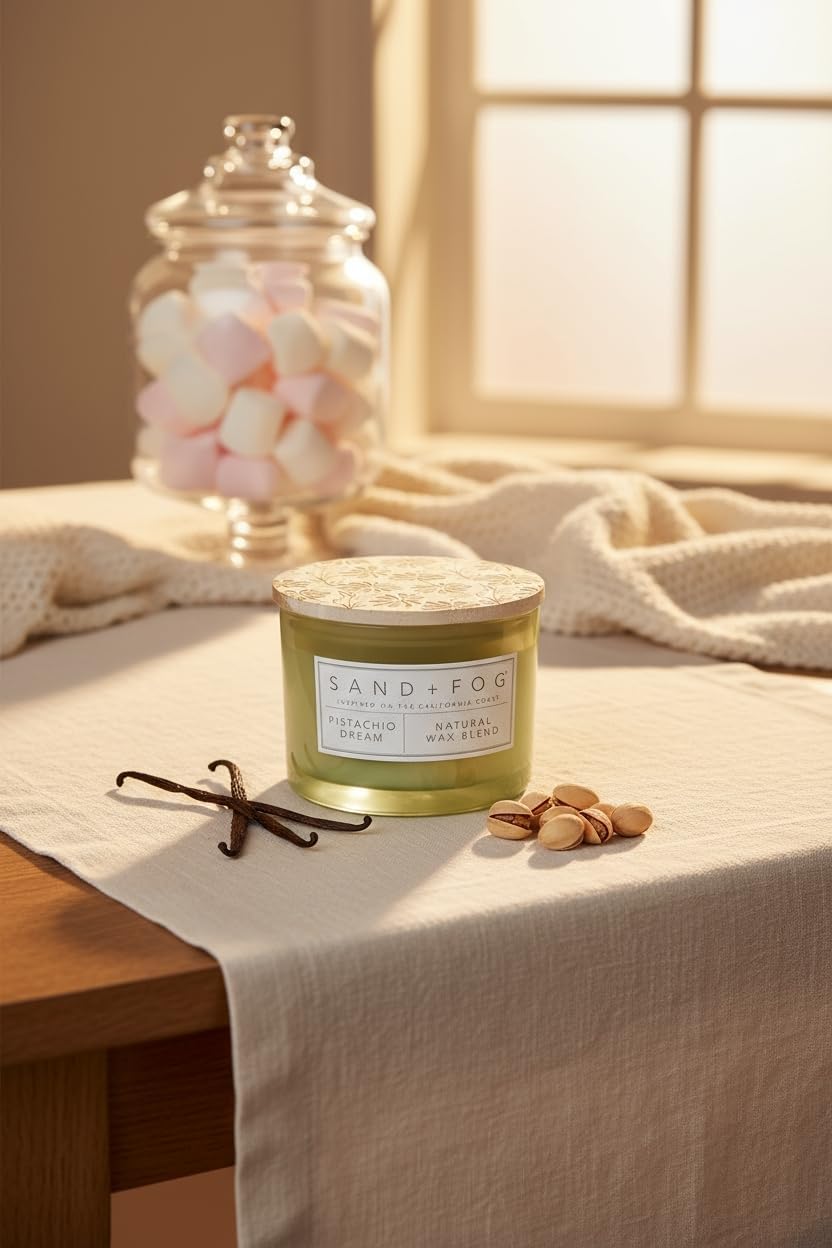 Sand&Fog Scented Candles 12 OZ Fragranced Candle, Natural Wax Blend with Carved Wood Lids, Home Fragrances Made with Essential Oil, Home Scented Candles Scent: Pistachio Dream (Pack of 2)