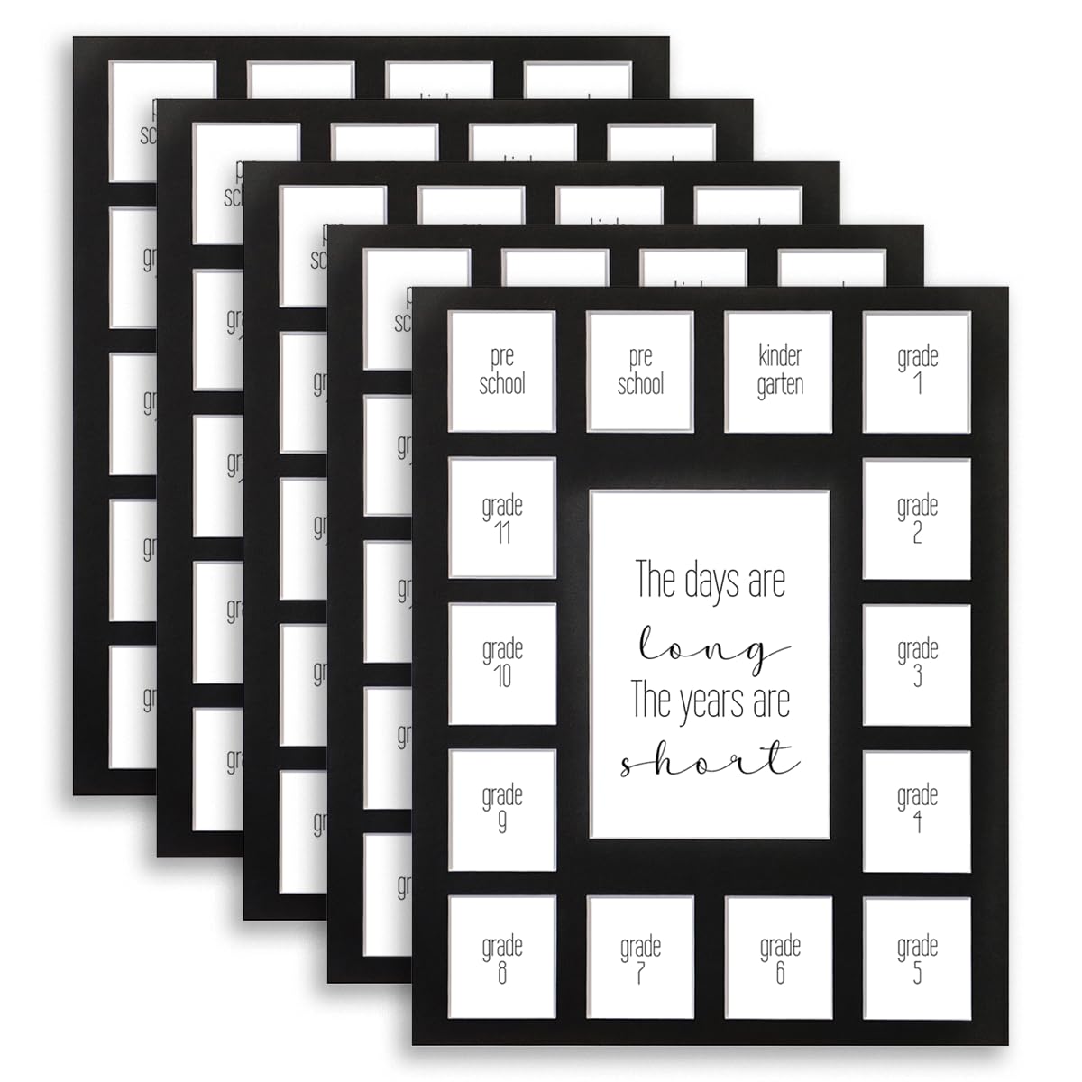 11X14 Bulk 5 School Days Picture Mat with Multiple Openings–Years Photo Collage – Days are Long Picture Mat – No Frame - 2 Pre-School &amp; Kindergarten to 12th Grade (15 Photos, 2PreK-12th, Black)