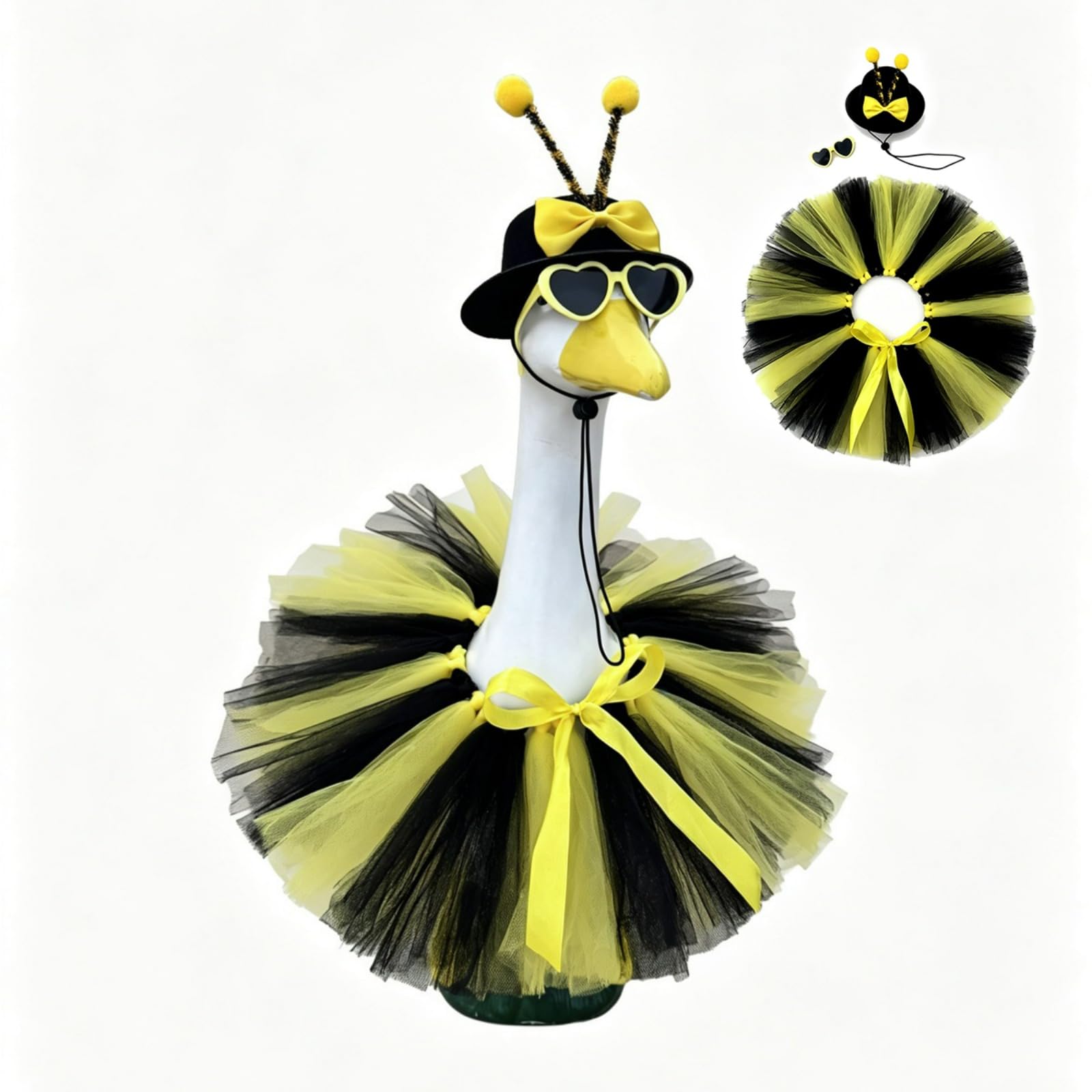 JHUAJISFC Large Spring Porch Goose Outfit for 23" Lawn Goose Statue Decor, Bee or Sunflower Dress Set with Hat & Glasses - Outdoor Garden Yard Decor