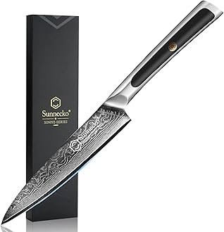 Sunnecko Paring Knife 5 Inch, Small Kitchen Knife with VG10 Damascus Steel Utility Knife with Solid Handle Fruit Knife Perfect for Cutting Fruit and Vegetables Peeling Knife with Gift Box Petty Knife