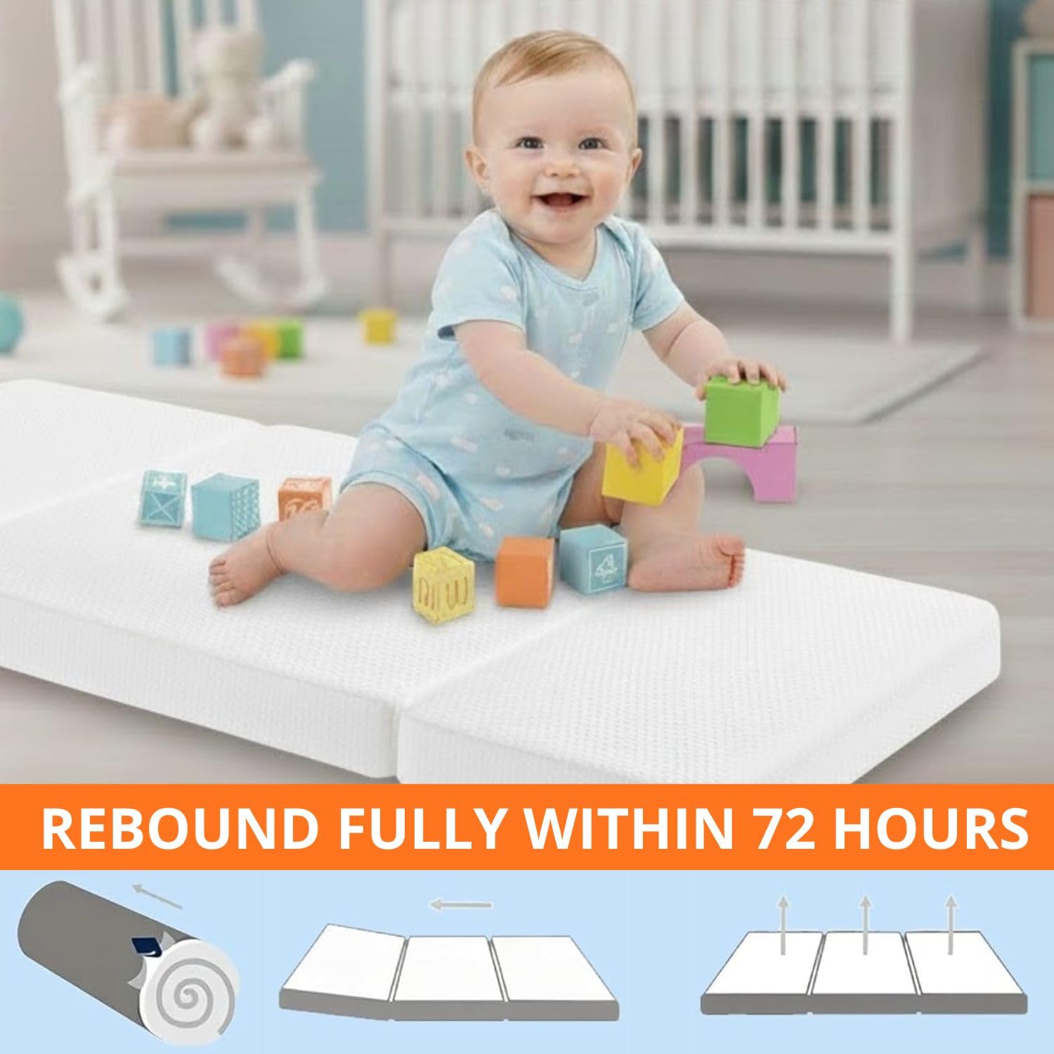 Colchón Cuna Viaje 120x60cm para Máximo Confort-Colchón Viscoelástica Plegable, Portátil y Reversible- Colchoneta Suelo para Bebés- Alfombra Acolchada para Niños. Oeko-Tex