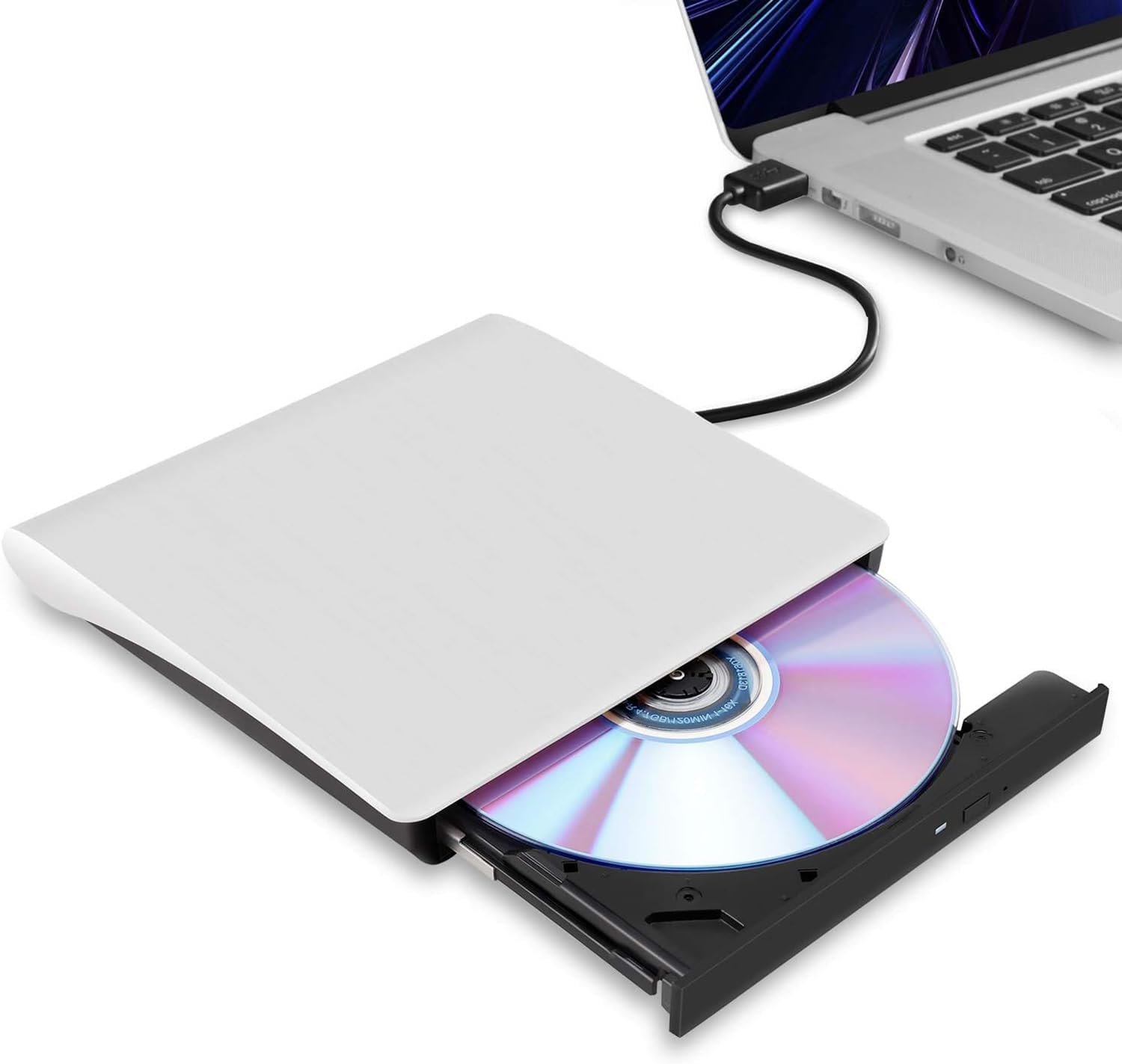 – External CD DVD Drive, USB 3.0 Ultra-Slim Portable Burner Writer, compatible with Windows 10/8/7, fits Mac OS Systems, for MacBook Pro/Air Laptop (White)