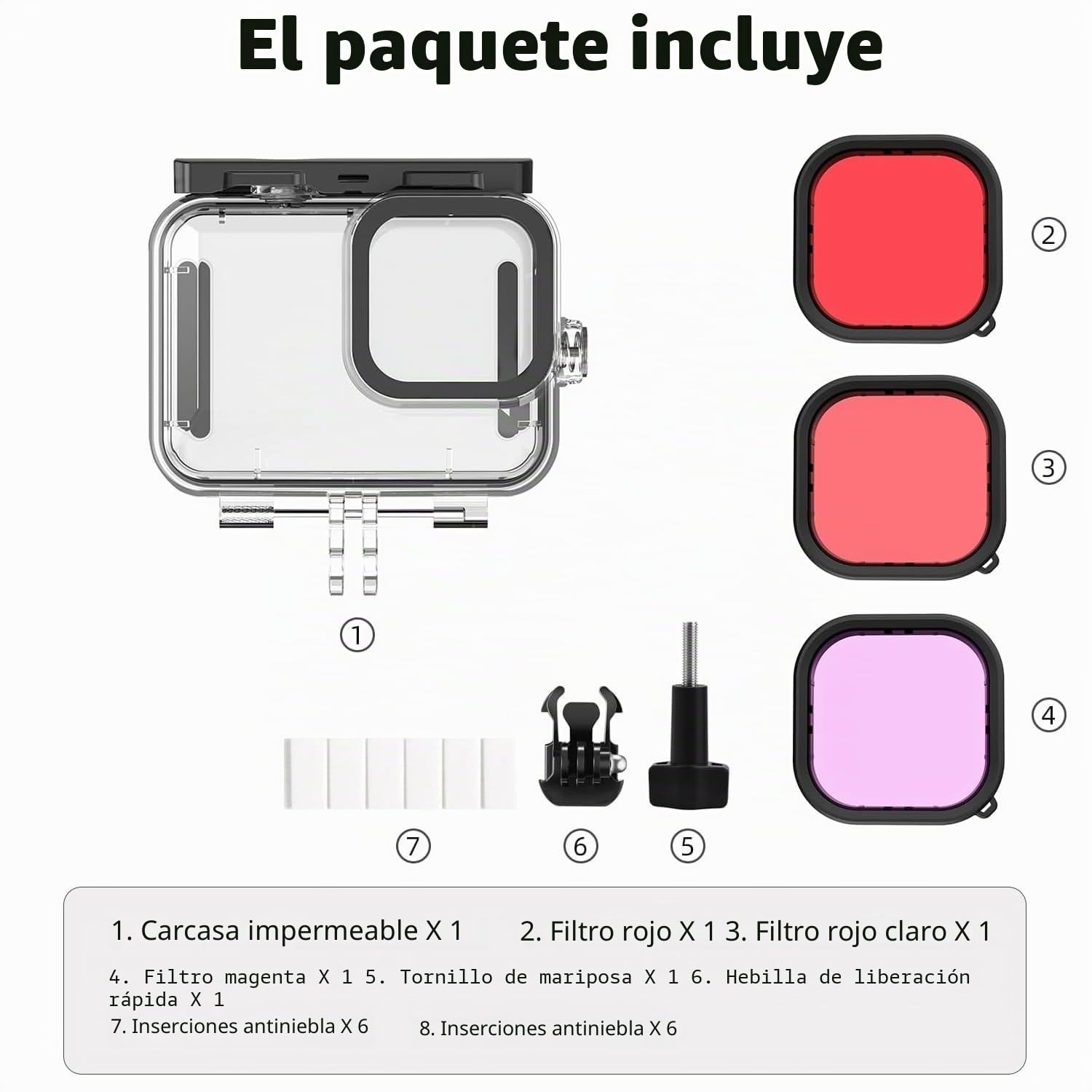 Carcasa Impermeable para GoPro Hero 13(60 m, con Soporte de liberación rápida, para GoPro Hero 13 + 3 filtros, 6 paños antivaho