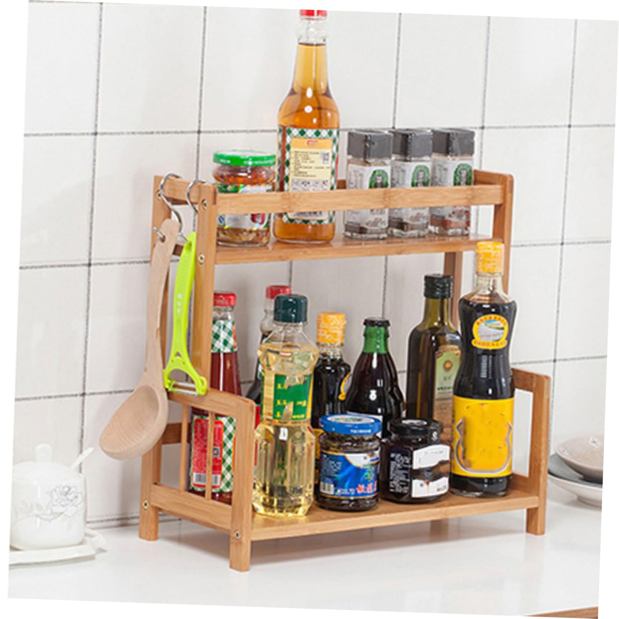 Veemoon Organisateur D'épices Cuisine 2 Niveaux en Bambou Beige | Étagère de Table, Support à Épices pour Rangement la Cuisine, Usage Partout