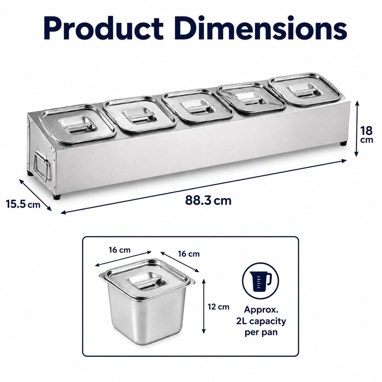 Porta Ingredienti Pizza in Acciaio Inox con Coperchio, Contenitore per Ingredienti per Condimenti E Salse, Vaschette Rimovibili da 2 L, Porta Condimenti per Pizzeria, Buffet