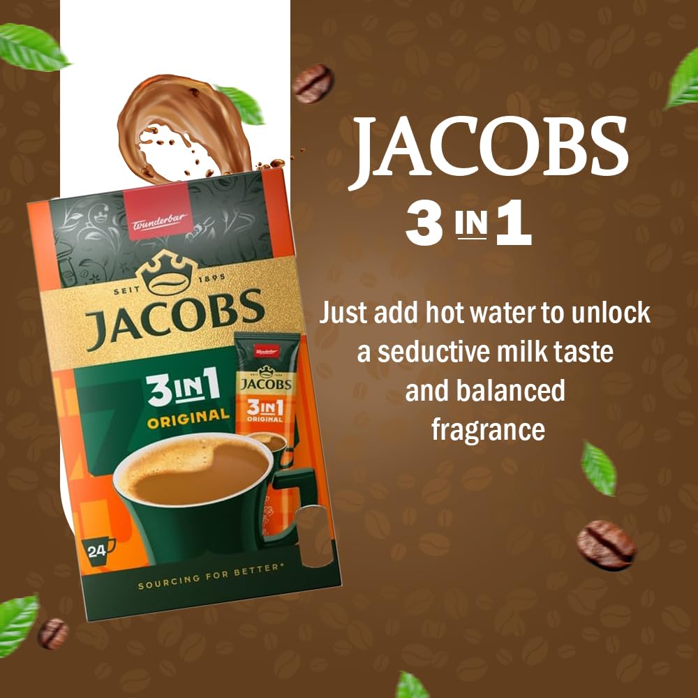 Jacobs 3-w-1 Saszetki z kawą instant – 6 opakowań po 6 x 24 saszetki, 302,4 g – Łącznie 144 saszetki.