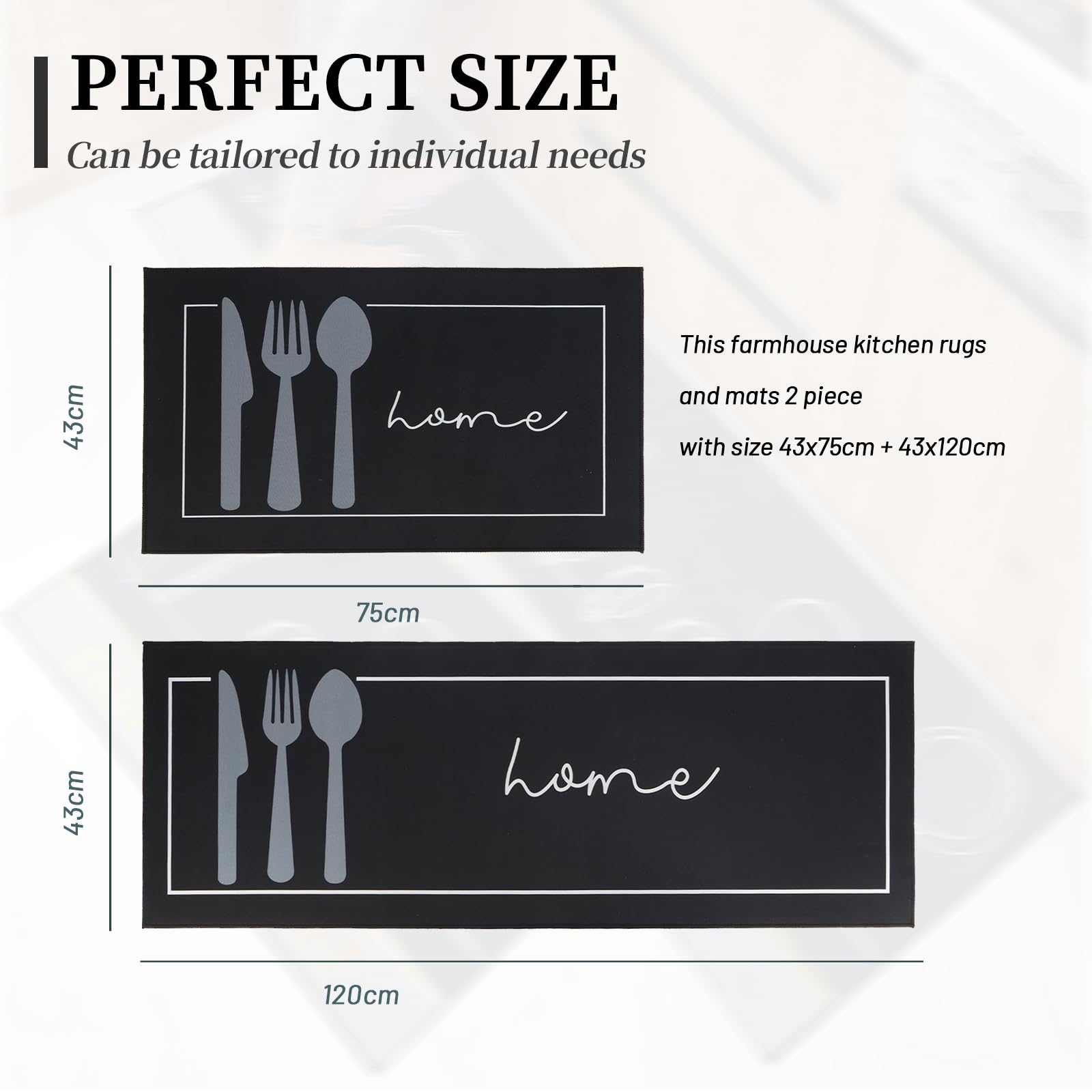 Tappetini da cucina 2 pezzi, Tappeto Cucina Antiscivolo, Antiscivolo Impermeabile PVC Tappeti da Cucina, lavabile, Adatto per corridoi, cucine, bagni, 43x75+43x120cm