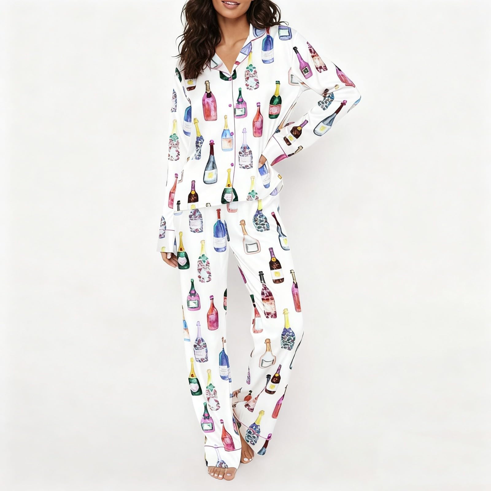 Generisch Conjunto de pijama de manga larga con estampado moderno y pantalón suave para una comodidad versátil en cualquier época del año