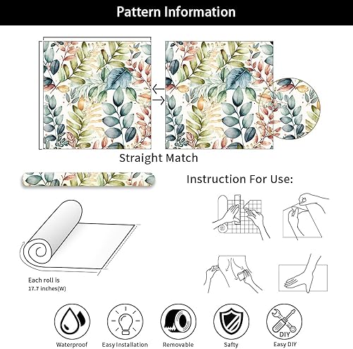 Miniatura 7 de Papel tapiz botánico de hojas coloridas, color verde, verde azulado, hierba, marrón, fácil de despegar, papel adhesivo adhesivo para baño,