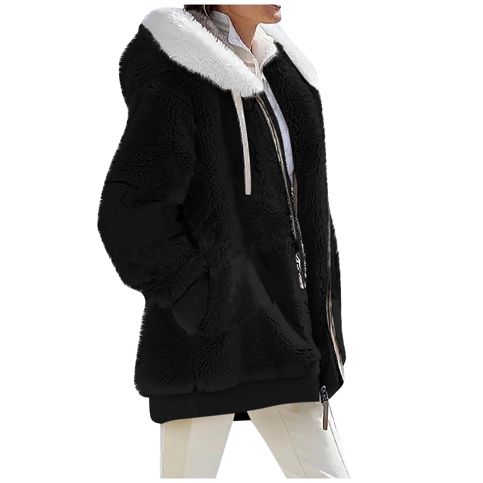 Womens Manmade Lamb Wool Coat Winter Loose Hooded Jacket Plush Coat with Pockets