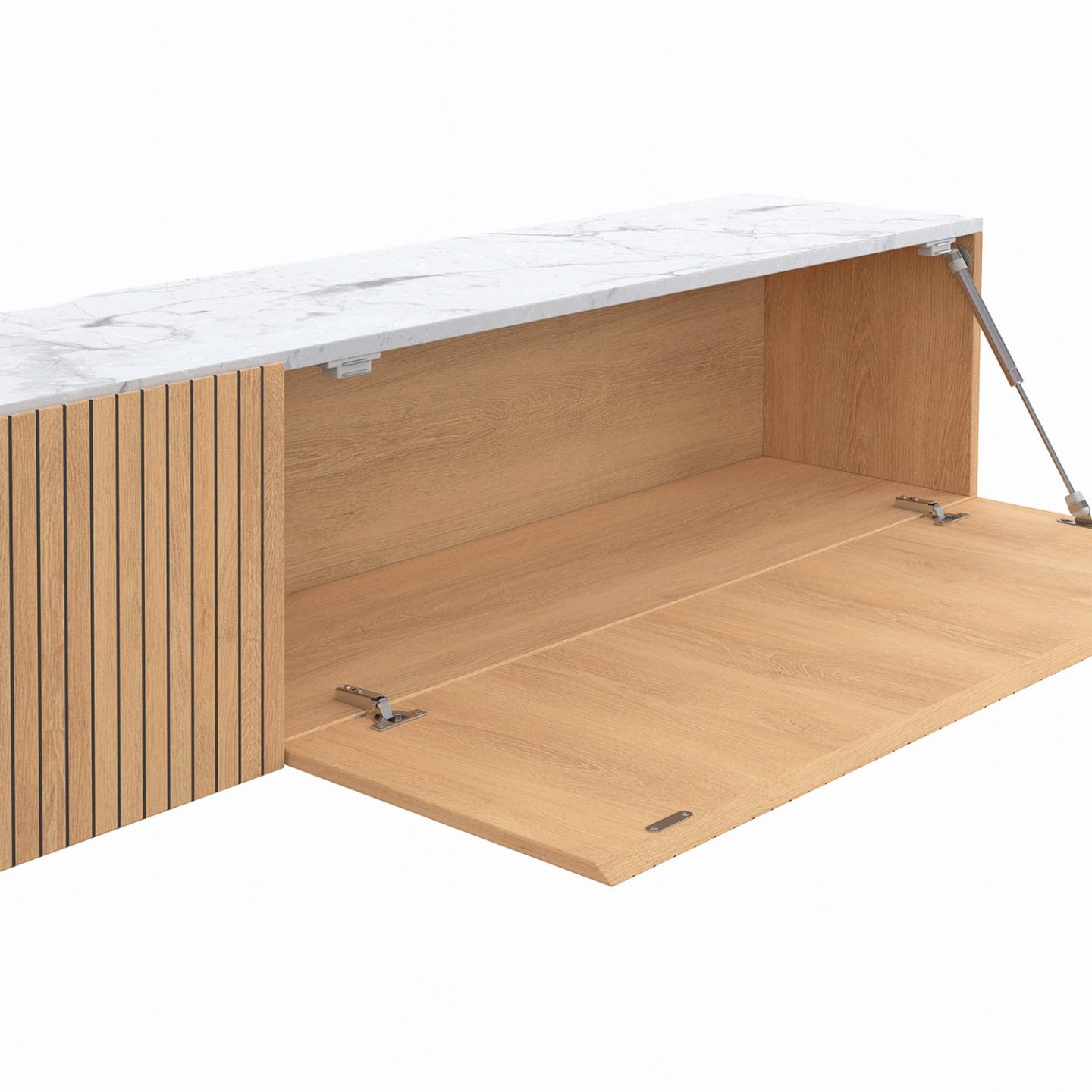 IDMarket - Meuble TV 180 cm Suspendu Juliette 2 Portes Plateau Effet marbre Lattes tasseau Bois Coloris chêne