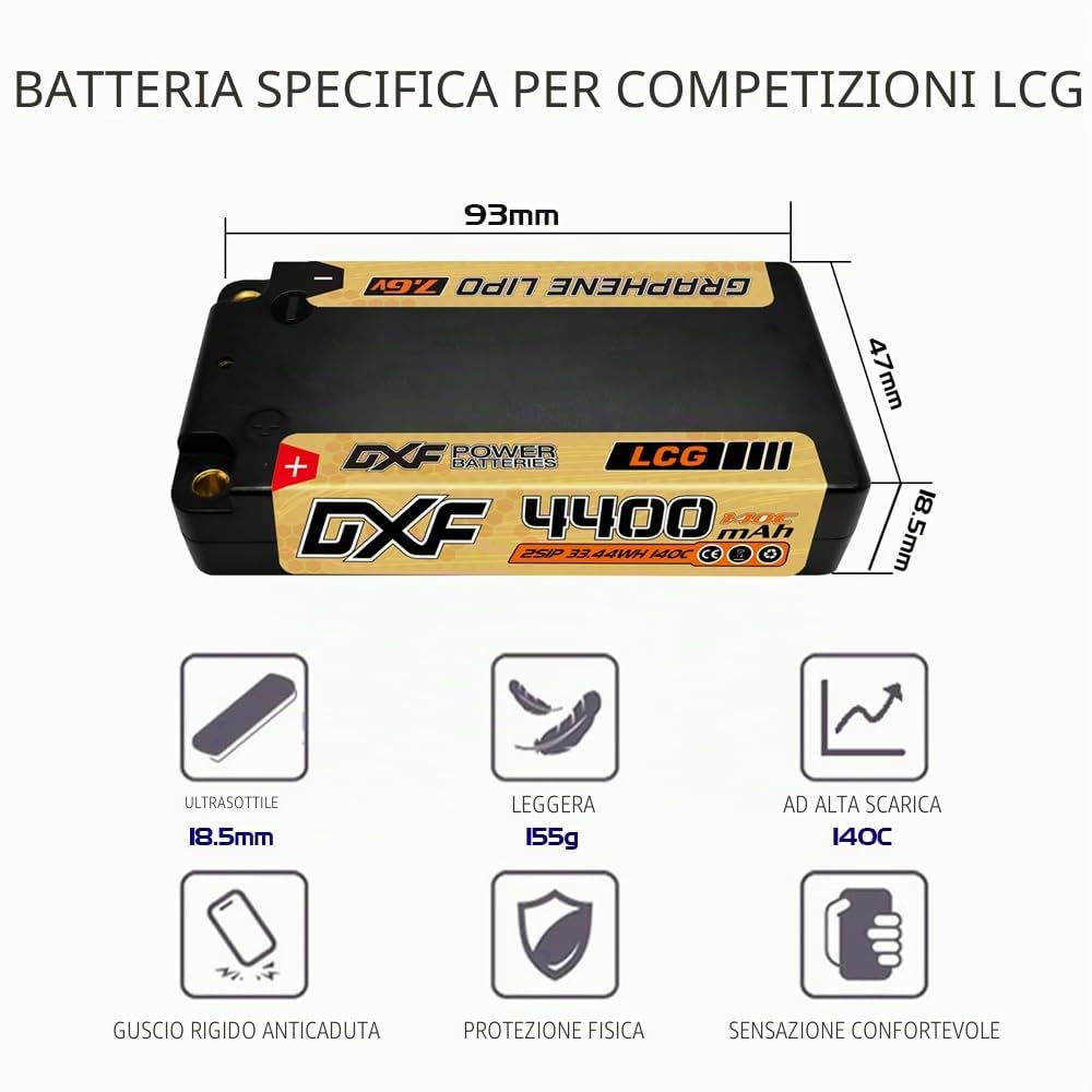 DXF Batteria LiPo 2S 7.6V 4400mAh 140C 5mm Golden NGP ULCG per Auto RC 1/10 Modified Touring on-Road – Pacchetto batteria ricaricabile Hard Case Racing Competition Pista