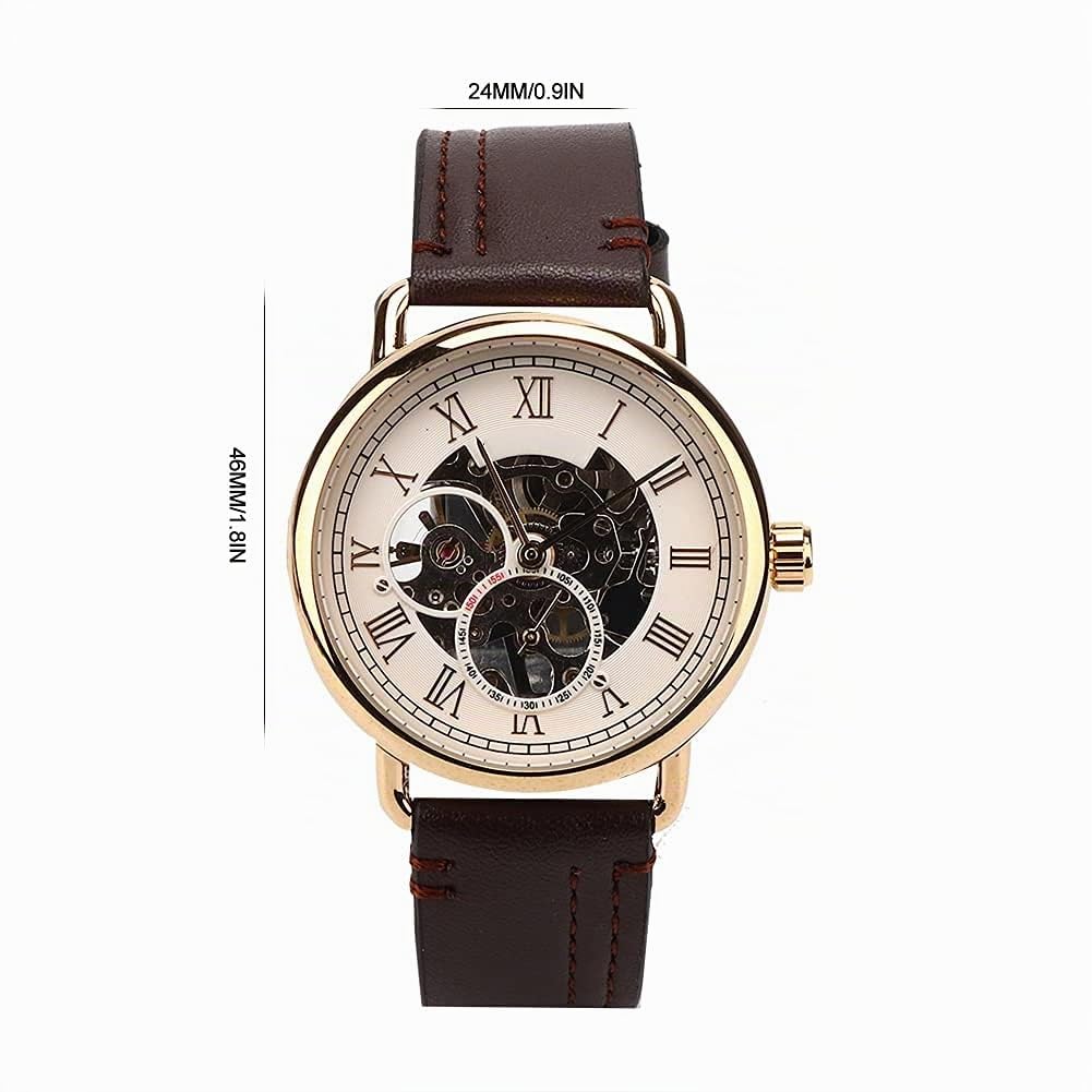 Reloj de pulsera mecánico semi automático, 46mm | Estilo moderno, diseño esqueleto, correa de cuero PU, resistente al agua, adecuado para uso diario, fiestas, regalos.