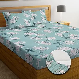 NHD HOME Premium Cotton Elastic Fitted Bedsheets with 2 King Size Pillow Covers | Double Bed with All Around Elastic 180 TC Supersoft |Size-72 King Sizex78+10 inches | Floral Multicolour