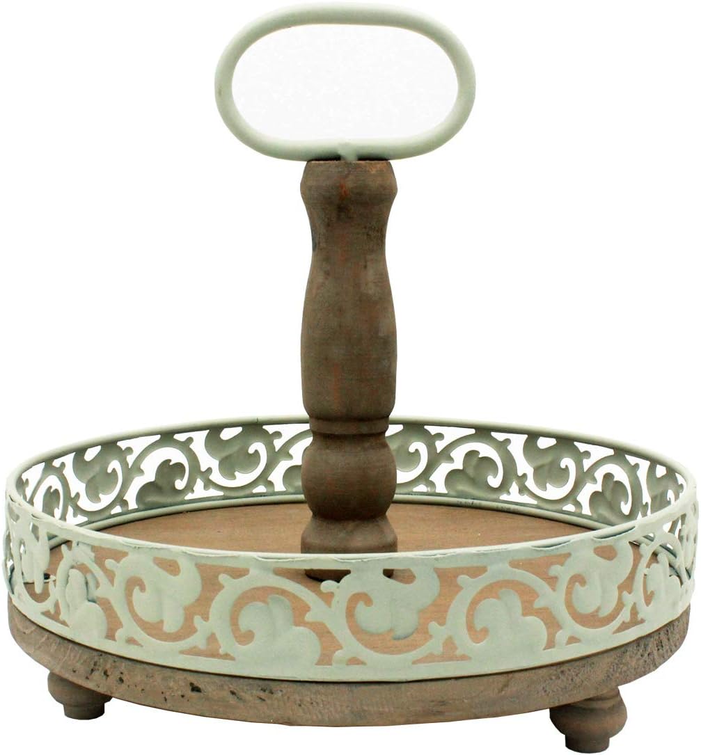 Funly mee Rustic Metal and Wood Single Tier Tray with Handle Farmhouse Decorative Tray(10.2W×10.2D×10.2H) in