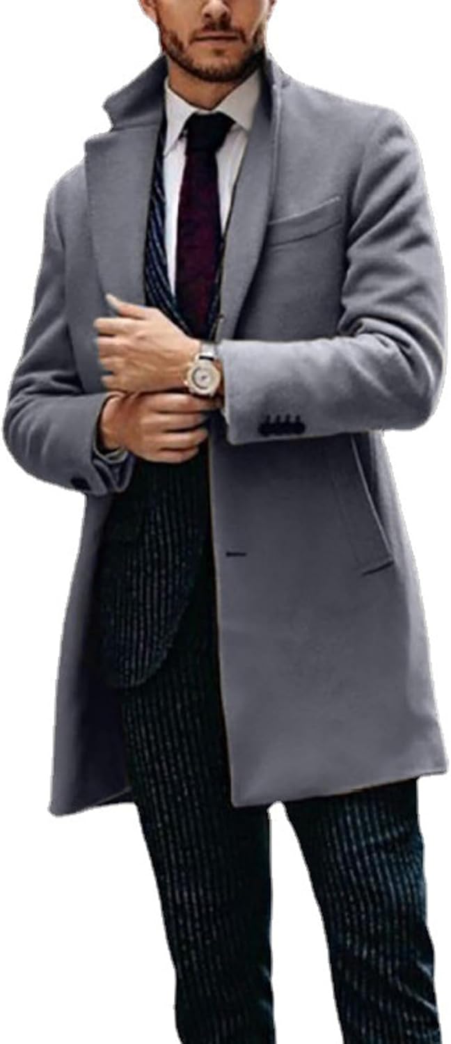 SOMTHRON Men's Trench Coat Slim Fit Single Breasted Notched Lapel Mid Long Jacket Pea Coat Winter Business Overcoat