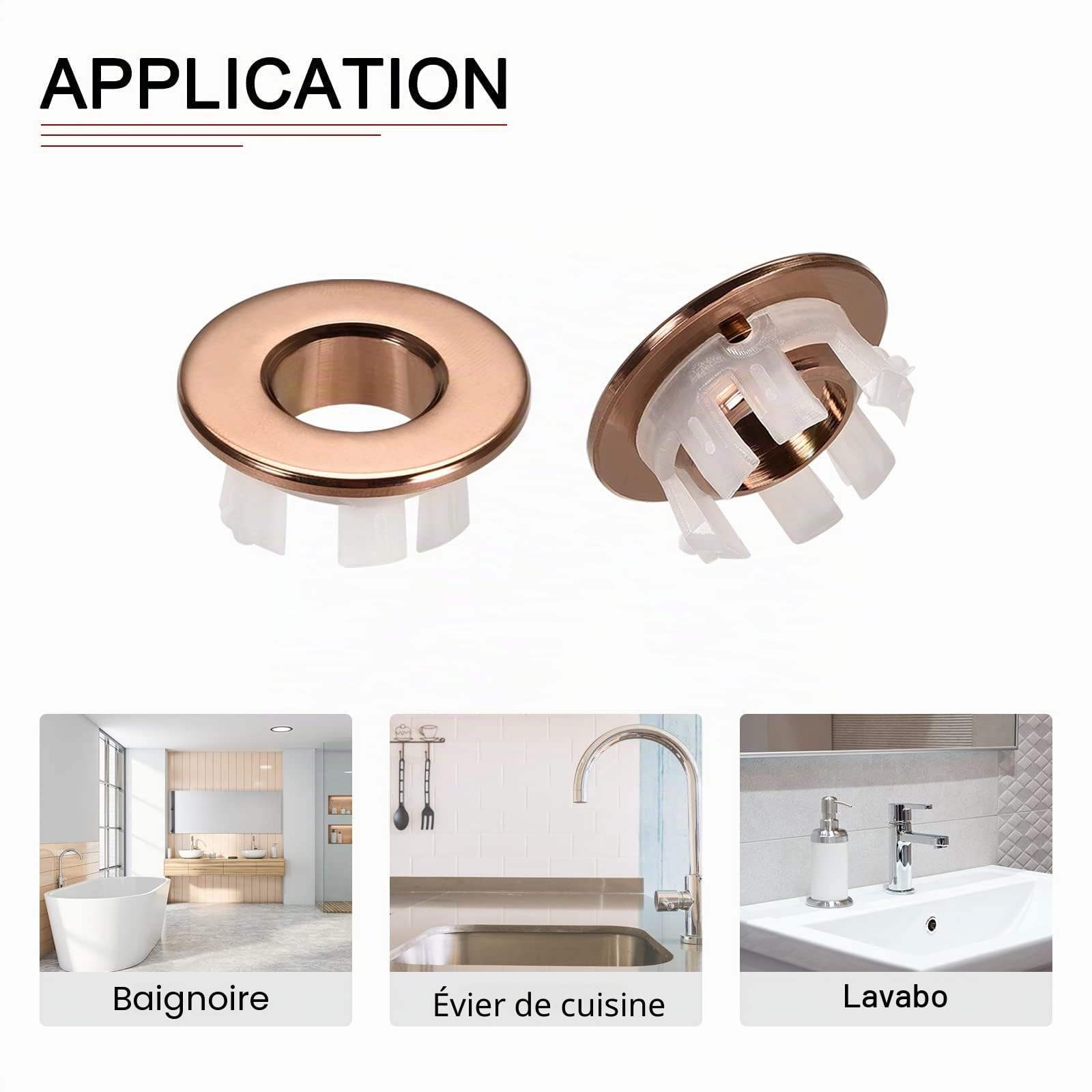 DTGN 30x13.5mm(DxT) Évier Débordement Couvercle - 2Paquet - Bonne pour Salle Bain Cuisine Évier - Cuivre Lavabo Garniture Insérer dans Trou Rond Capuchons - Rose Dorée
