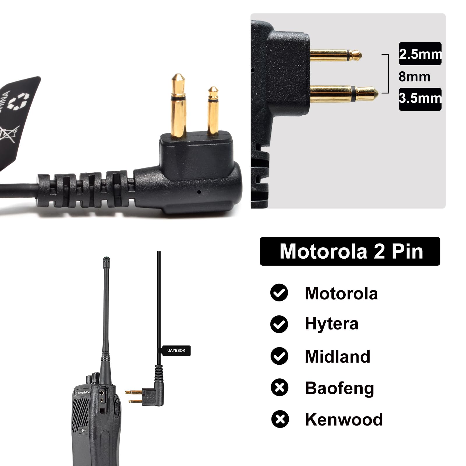 UAYESOK Radiotelefon słuchawki policyjne radiowe słuchawki douszne do Motorola Walkie Talkie z mikrofonem 2 piny, krótkofalówka w kształcie G zestaw słuchawkowy i PTT do Motorola CP040 DP1400 XT420