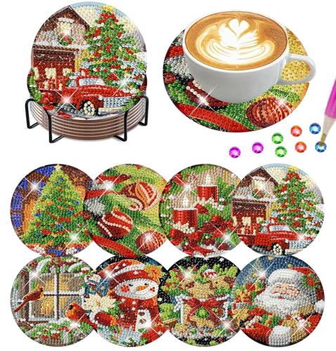 8 Pack Christmas Diamond Art Coasters Kit with Holder DIY Diamond Painting Coasters Cork Wooden Double Layer Board Durable Craft Set for Beginners and Adults 4x4 Inch