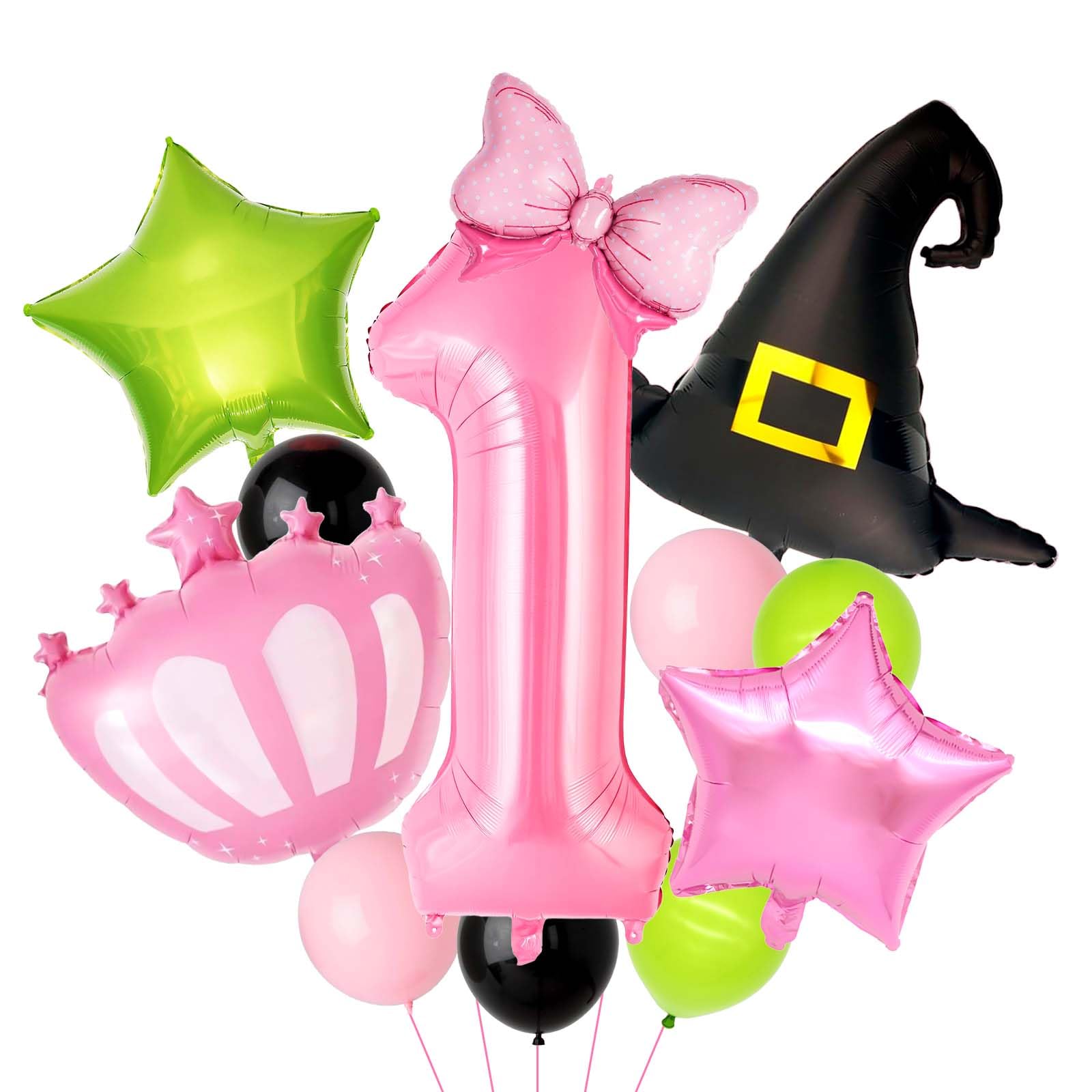 Wclliuchi Witch Theme Happy Birthday Balloons Set, Bow Number 1 Balloon, Pink Green Movie Party Balloon for Girls Birthday Decorations (Pink 1)