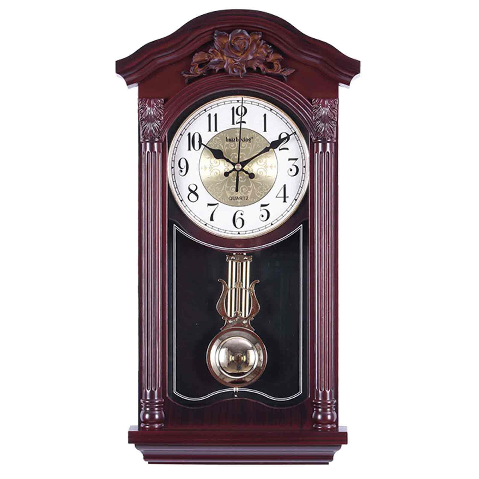 Jxcca Brown Chiming Wall Clocks With Pendulum, Wall Clock Vintage, Living Room Clocks Wall Decorative Large, Battery Operated, Frame Spray Paint Texture, Three-Dimensional Carving, European