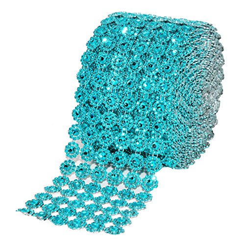 Mandala Crafts Faux Diamond Bling Wrap, Faux Rhinestone Crystal Mesh Ribbon Roll for Wedding, Party, Centerpiece, Cake, Vase Sparkling Decoration (Flower Pattern 4 Inches 10 Yards, Turquoise)